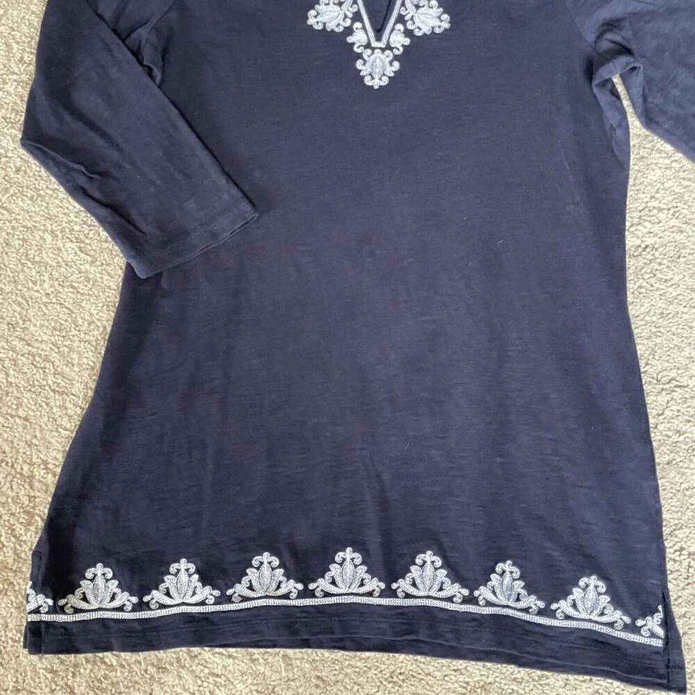 TALBOTS Women's V-Neck Cotton Tunic Size S Embroidered Trim Navy Lagenlook EUC! - Picture 3 of 9
